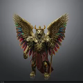 Golden Mythical Creature Sculpture Carving With Colorful Feathered Wings Lion Head Bull Horns And Scepter