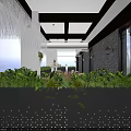 Modern Elegant Elevator Hallway With Wooden Flooring Chandeliers Green Plants Seats Glass Doors Sea View