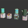 Various Designed Water Dispenser Models With Blue Tanks White Bases And Small Parts