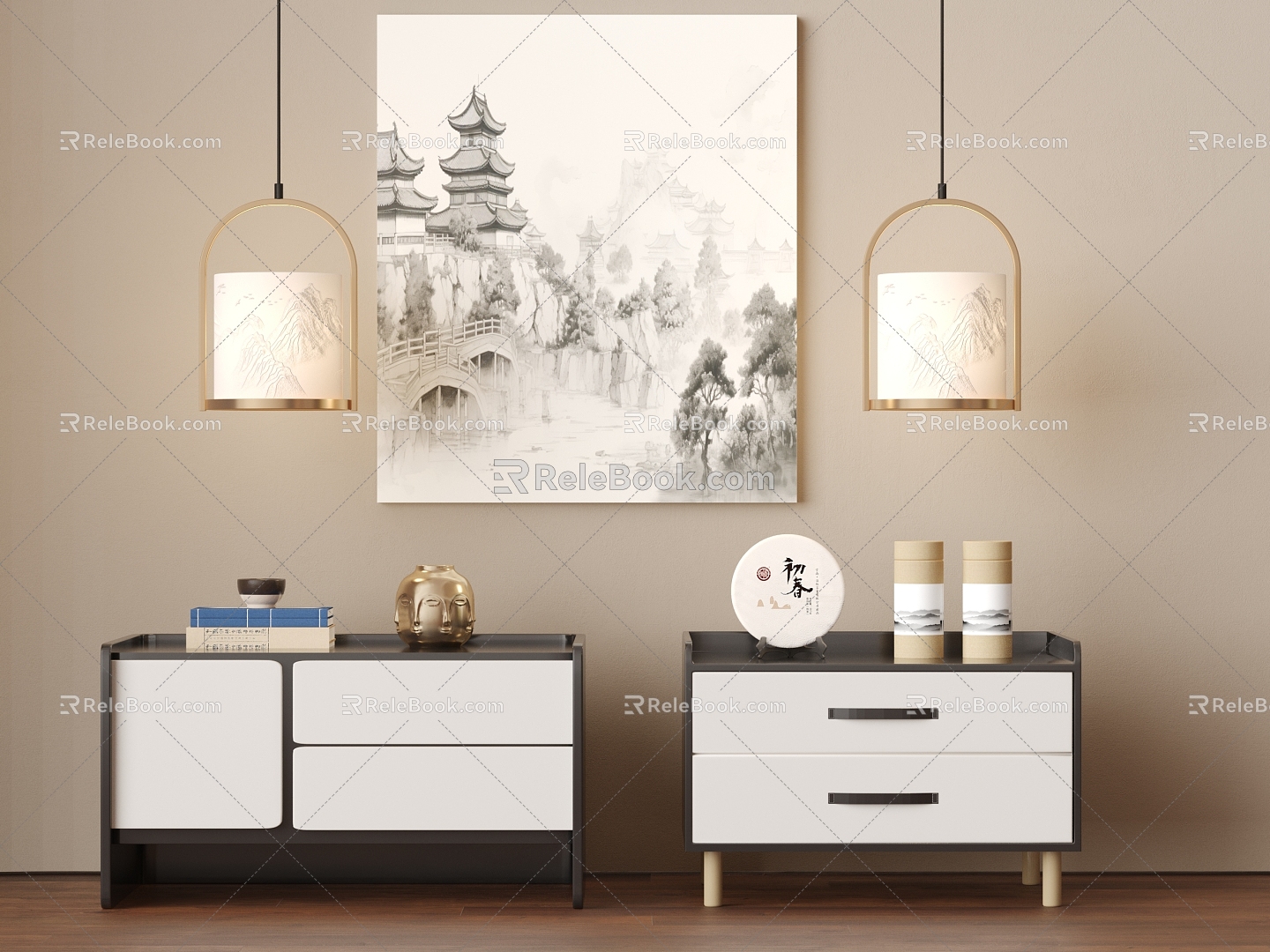 New Chinese Style Bedside Cabinet Decorative Painting Chandelier 3d model