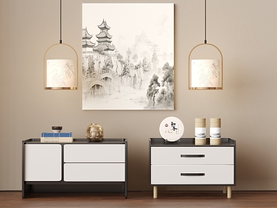 New Chinese Style Bedside Cabinet Decorative Painting Chandelier 3d model