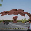 Unique Architectural Entrance Gate With Security Booth Cars People And Green Trees Background