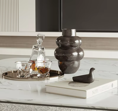 Elegant Whiskey Bottle And Glasses On Silver Tray With Marble Countertop 3d model