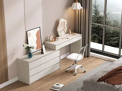 Modern Vanity Table Interior Design With Drawers Mirror White Chair And Window View 3d model