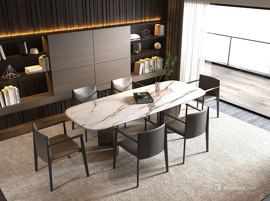 Modern Dining Table Set With Marble Top Dark Chairs Wooden Wall And Natural Light 3d model 