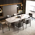 Modern Dining Table Set With Marble Top Dark Chairs Wooden Wall And Natural Light