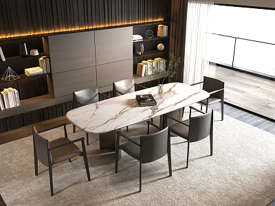 Modern Dining Table Set With Marble Top Dark Chairs Wooden Wall And Natural Light 3d model