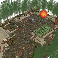 Ancient Battlefield Scene With Soldiers Tower Stone Walls And Green Trees