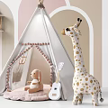 Kids Playroom With Teepee Tent Giraffe Puppy Toys Guitar And Rainbow Shelf Decor