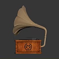 Vintage Gramophone Electronic Appliance With Brass Horn Orange Base And Ornate Turntable