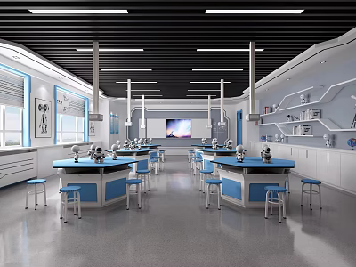 School Modern Science Lab With Blue Lab Tables White Cabinets Shelves And Stools 3d model