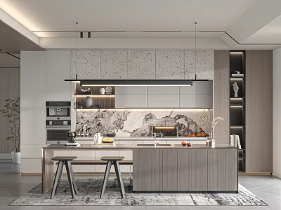 Modern Restaurant Interior With Open Kitchen Design And Marble Countertop Pendant Lights 3d model