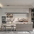 Modern Restaurant Interior With Open Kitchen Design And Marble Countertop Pendant Lights