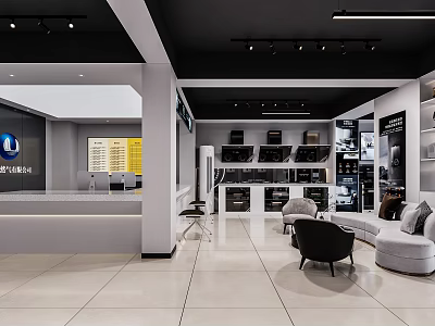 Modern Showroom Interior With Display Shelves Sofa And Lighting Fixtures 3d model