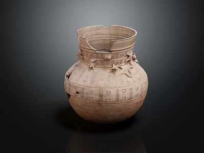 Ancient Clay Pottery Jar With Broken Rim And Decorative Carvings 3d model