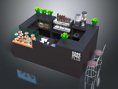 Modern Black Kitchen Island With Plants Coffee Machine Dessert Display Case And Bar Stools 3d model