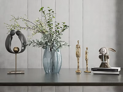 Modern Decorative Ornament Set With Blue Glass Vase Green Foliage Gold Figurines And Rabbit Statue 3d model