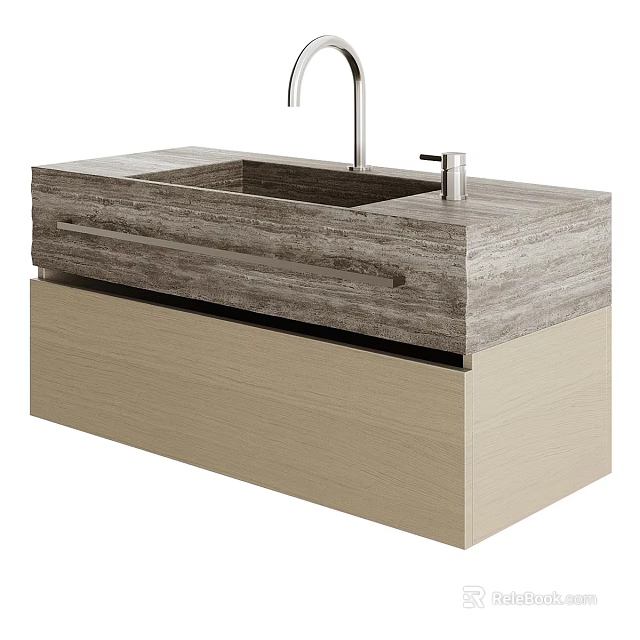 Modern Bathroom Vanity With Wooden Texture Top Light Wood Cabinet Faucet And Soap Dispenser 3d model 