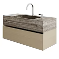 Modern Bathroom Vanity With Wooden Texture Top Light Wood Cabinet Faucet And Soap Dispenser