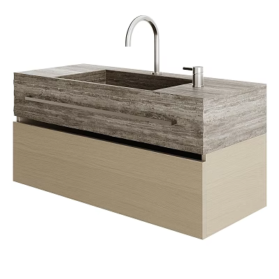 Modern Bathroom Vanity With Wooden Texture Top Light Wood Cabinet Faucet And Soap Dispenser 3d model