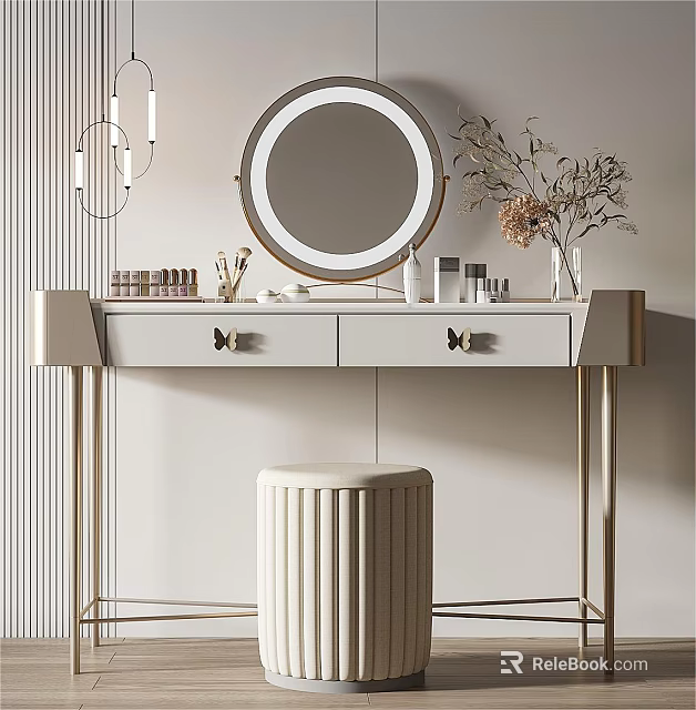 Elegant Dressing Table With Round Mirror Butterfly Knobs Cosmetics And Vase With Dried Plants 3d model 