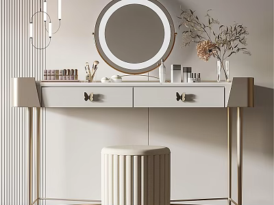 Elegant Dressing Table With Round Mirror Butterfly Knobs Cosmetics And Vase With Dried Plants 3d model