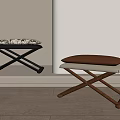 Wooden Stools With Crossed Legs And Upholstered Seats In Modern Interior