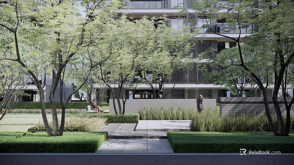 Modern Garden Landscape Design Featuring Trees Lawn Pathway and Building 3d model