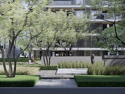 Modern Garden Landscape Design Featuring Trees Lawn Pathway and Building 3d model