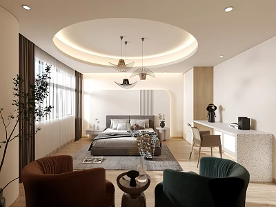Modern Bedroom With Circular Ceiling Lighting Pendant Lights Large Bed Rug Armchairs And Green Plant 3d model