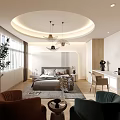 Modern Bedroom With Circular Ceiling Lighting Pendant Lights Large Bed Rug Armchairs And Green Plant