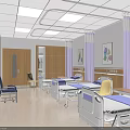 Modern Hospital Room Interior with Wooden Walls Purple Curtains TV Cabinet and Beds