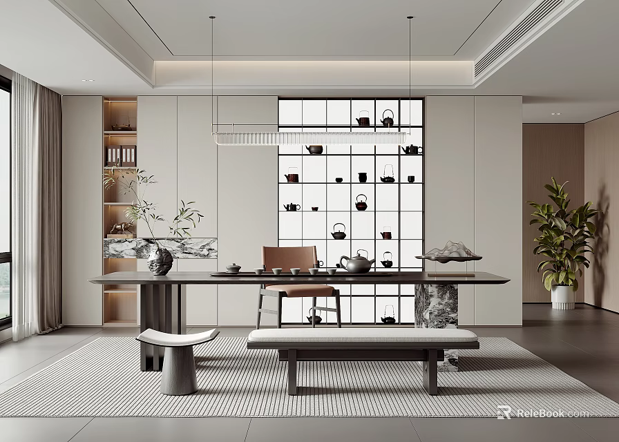 Modern Tea Room Interior With Wooden Table Bench Decorative Shelves Grid Window And Potted Plant 3d model 