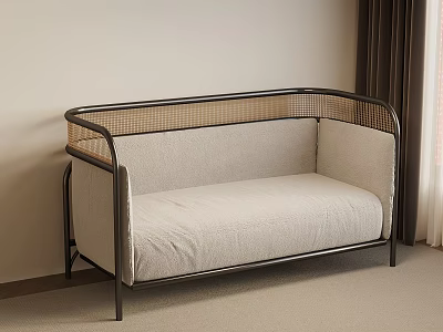 Modern Two Seater Sofa With Rattan Backrest And Metal Frame Light Fabric Cushion 3d model