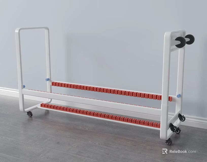 White Frame Storage Rack With Red Strips And Rolling Wheels For Portable Use 3d model
