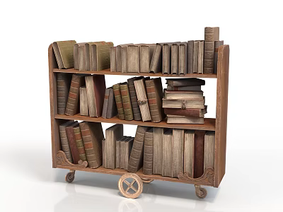 Vintage Wooden Bookcase Furniture With Multiple Shelves On Wheels Filled With Books 3d model