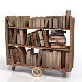 Vintage Wooden Bookcase Furniture With Multiple Shelves On Wheels Filled With Books