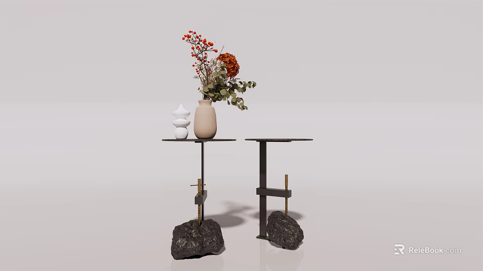 Modern Side Tables With Stone Base Metal Frame And Decorative Vase With Flowers 3d model 