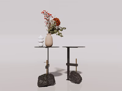 Modern Side Tables With Stone Base Metal Frame And Decorative Vase With Flowers 3d model
