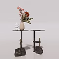 Modern Side Tables With Stone Base Metal Frame And Decorative Vase With Flowers