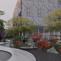 Modern Garden Landscape Design With Cypress Trees Reflecting Pond And Curved Pathway