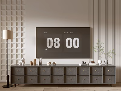 Modern TV Stand With Multiple Drawers Decorative Items And Floor Lamp On Textured Walls 3d model