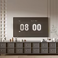 Modern TV Stand With Multiple Drawers Decorative Items And Floor Lamp On Textured Walls