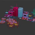 Kitchen Decorative Ornament Set With Red Blue Refrigerators Ovens Dining Table Chairs And Potted Plant