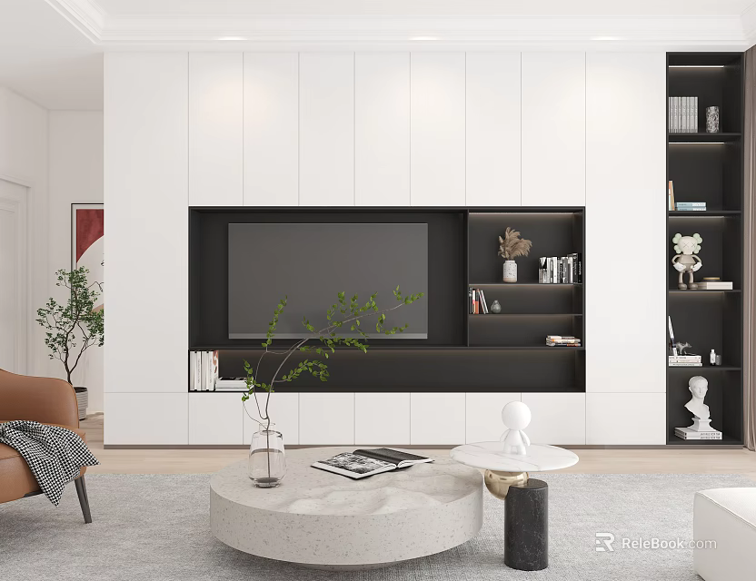 Modern White TV Wall Unit with Built-in TV Open Shelves and Decor in Living Room 3d model 