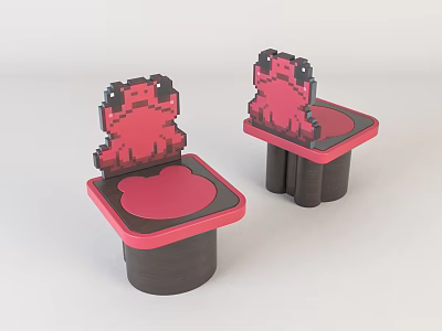 Pixel Style Children's Chairs With Cartoon Frog Design Red Seat And Brown Base 3d model