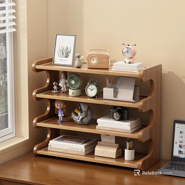 Wooden Multi Tiered Shelf With Books Decor Items Alarm Clock And Camera 3d model 