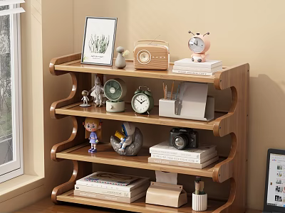 Wooden Multi Tiered Shelf With Books Decor Items Alarm Clock And Camera 3d model