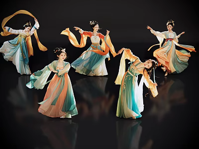 Women Elegantly Dancing In Ancient Costumes With Flowing Robes And Sleeves 3d model
