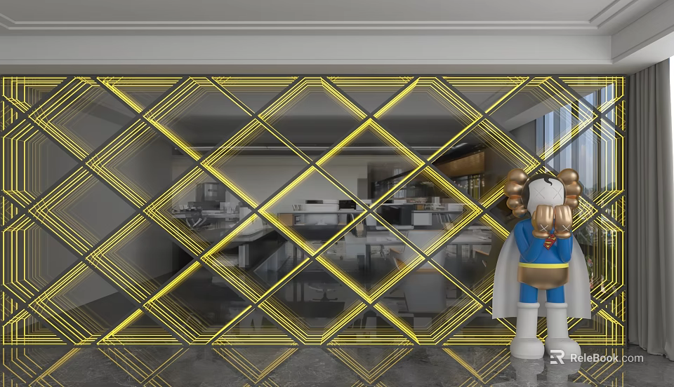 Modern Glass Backdrop Wall With Yellow Diamond Lines And Illuminated Light Strips 3d model 